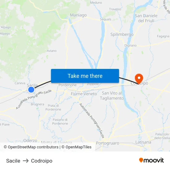 Sacile to Codroipo map