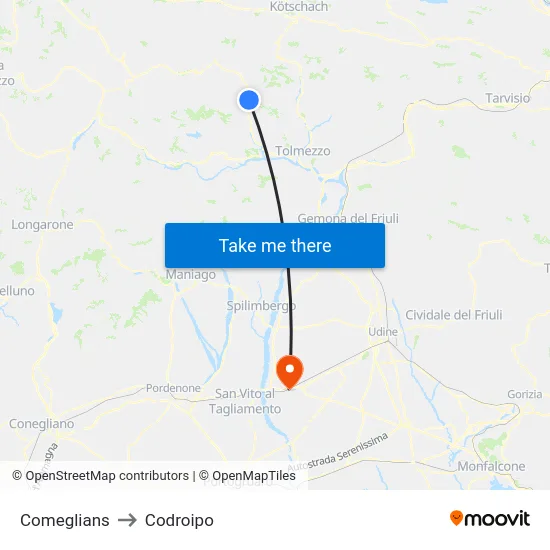 Comeglians to Codroipo map