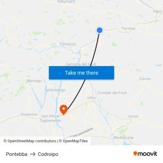 Pontebba to Codroipo map