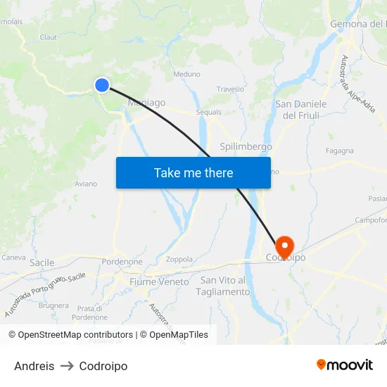 Andreis to Codroipo map