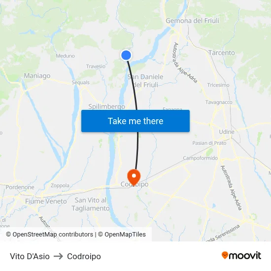 Vito d'Asio to Codroipo map