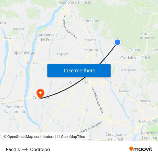 Faedis to Codroipo map