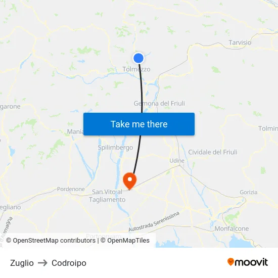 Zuglio to Codroipo map