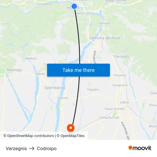 Verzegnis to Codroipo map