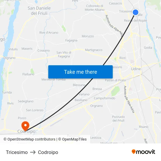 Tricesimo to Codroipo map