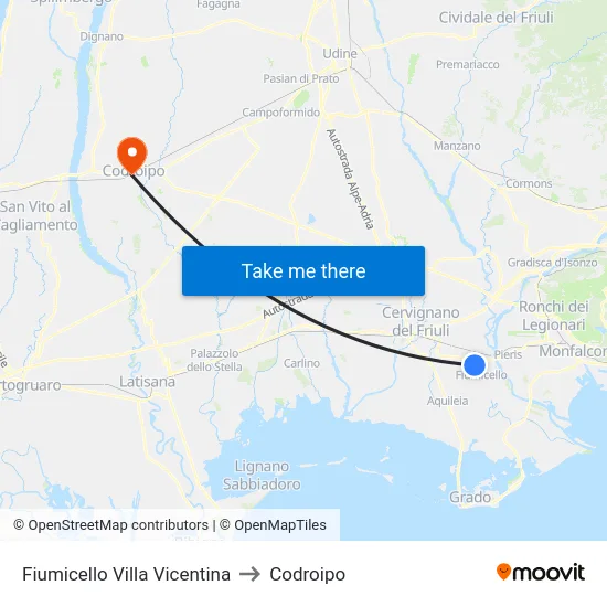 Fiumicello Villa Vicentina to Codroipo map