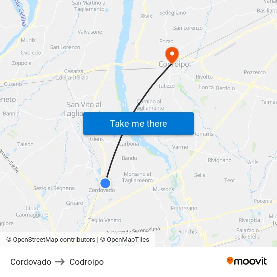 Cordovado to Codroipo map