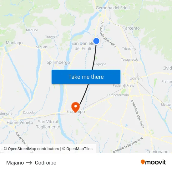 Majano to Codroipo map