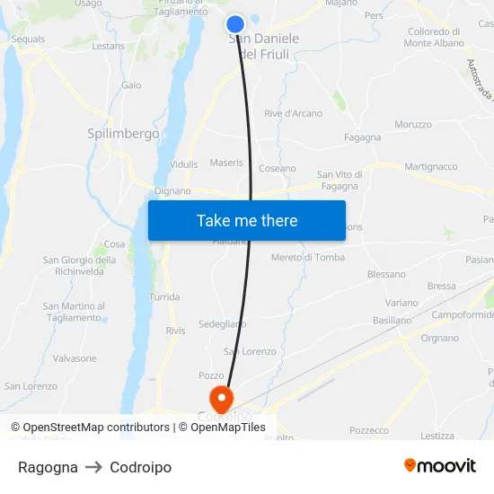 Ragogna to Codroipo map