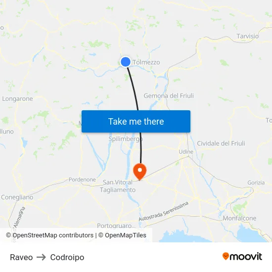 Raveo to Codroipo map