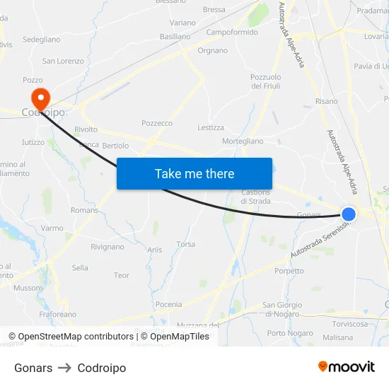 Gonars to Codroipo map