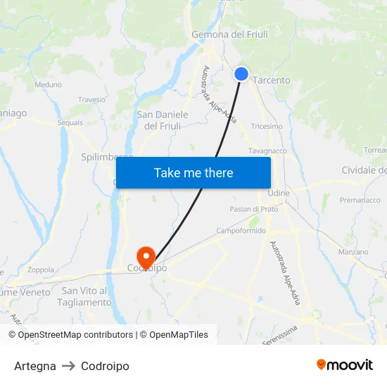 Artegna to Codroipo map