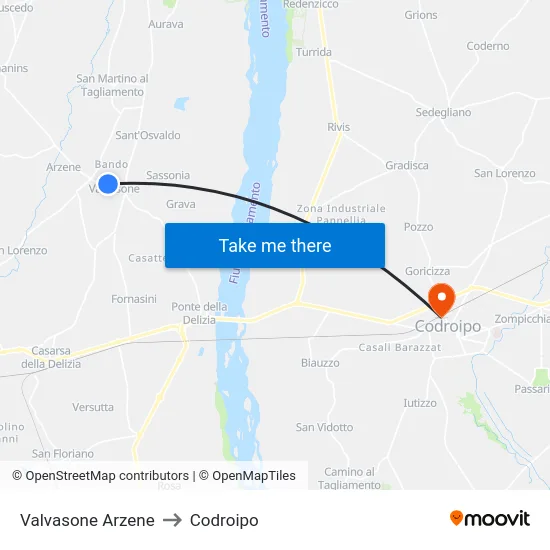 Valvasone Arzene to Codroipo map