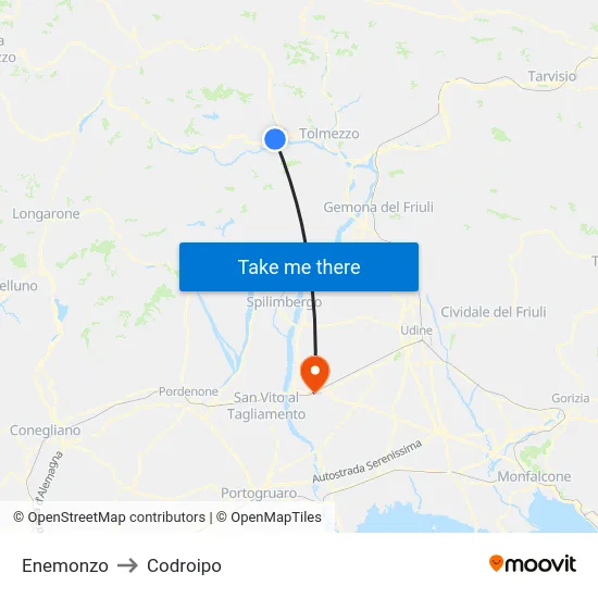 Enemonzo to Codroipo map