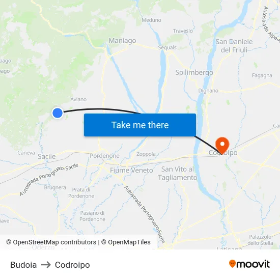 Budoia to Codroipo map