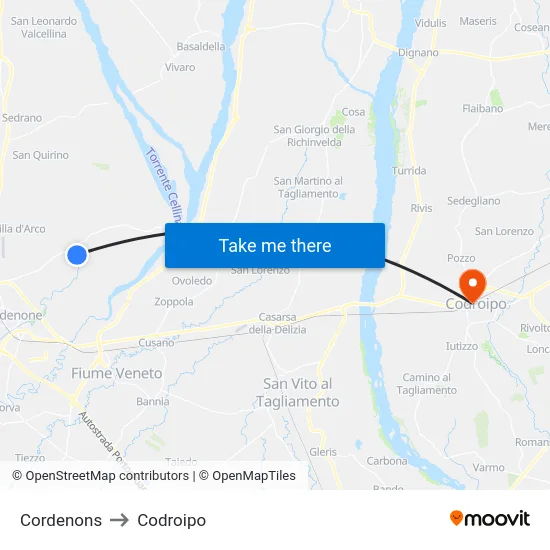 Cordenons to Codroipo map