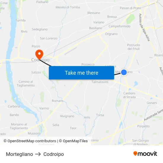 Mortegliano to Codroipo map