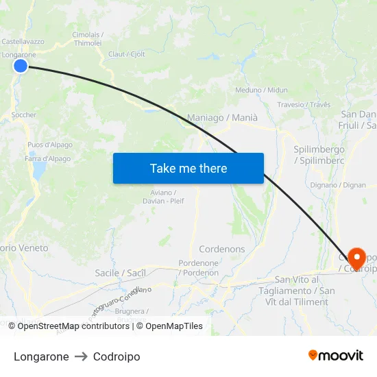 Longarone to Codroipo map