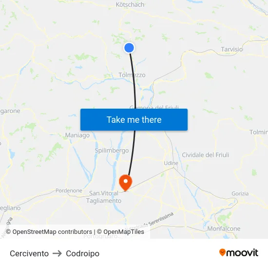 Cercivento to Codroipo map