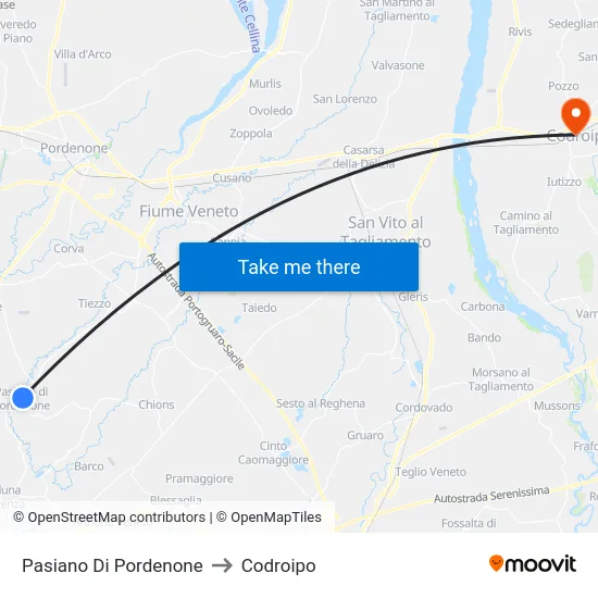 Pasiano Di Pordenone to Codroipo map