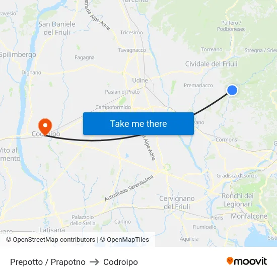 Prepotto / Prapotno to Codroipo map