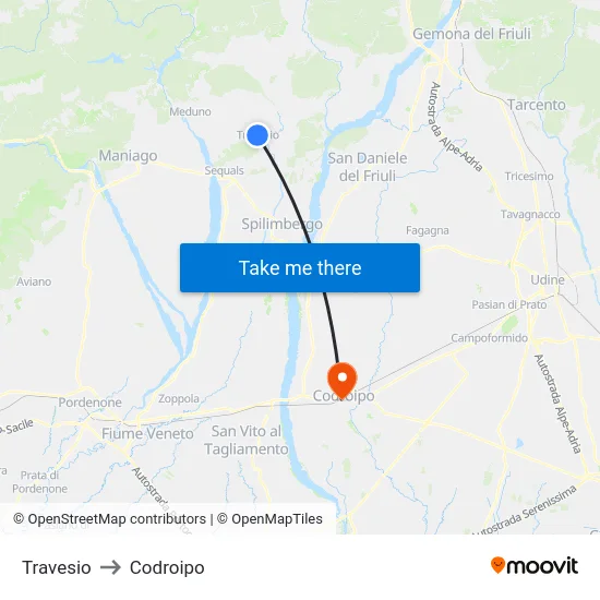 Travesio to Codroipo map
