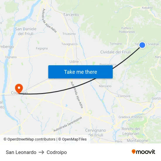 San Leonardo to Codroipo map