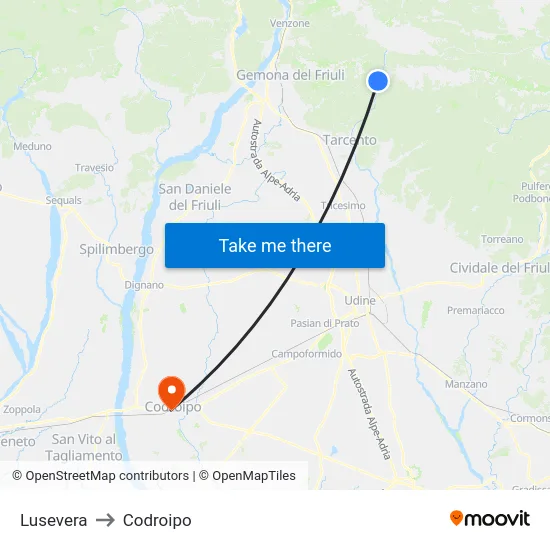 Lusevera to Codroipo map