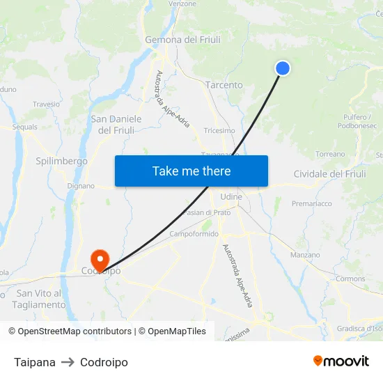 Taipana to Codroipo map
