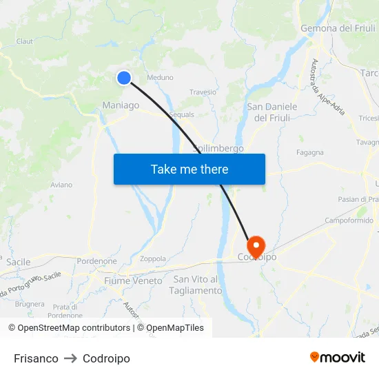 Frisanco to Codroipo map