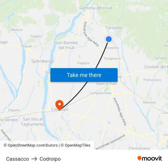 Cassacco to Codroipo map