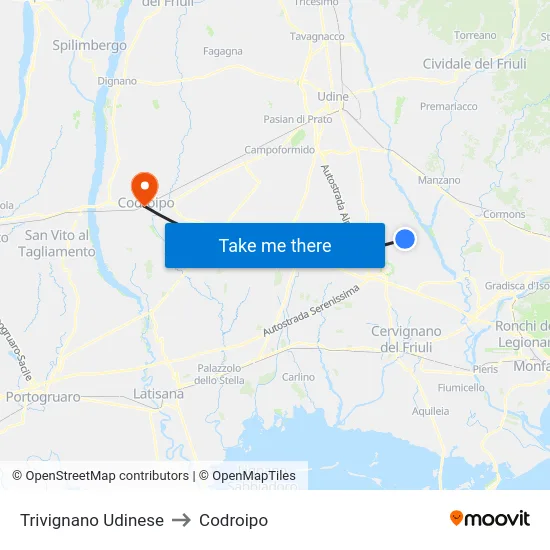 Trivignano Udinese to Codroipo map