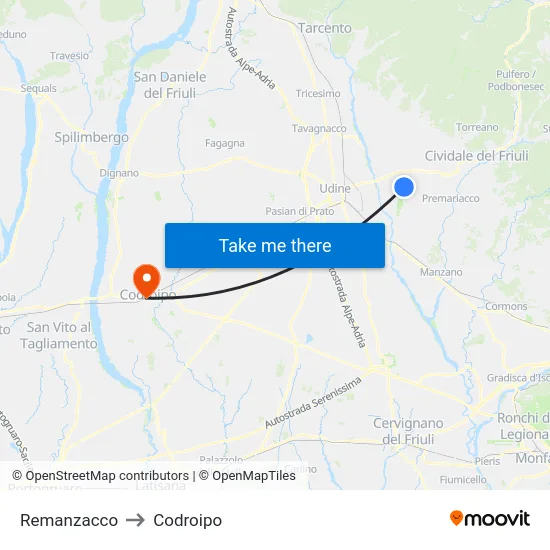 Remanzacco to Codroipo map