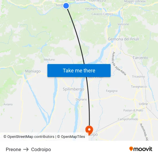 Preone to Codroipo map