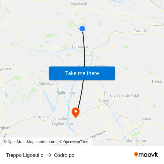 Treppo Ligosullo to Codroipo map