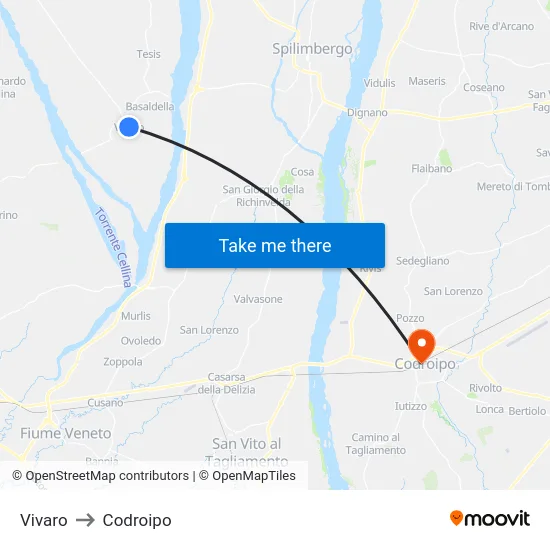 Vivaro to Codroipo map