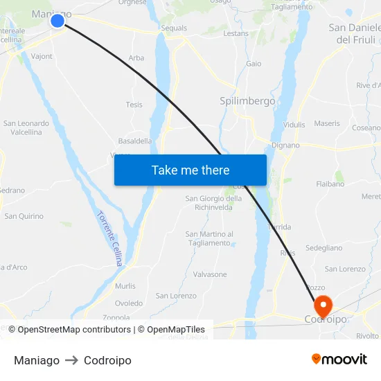 Maniago to Codroipo map