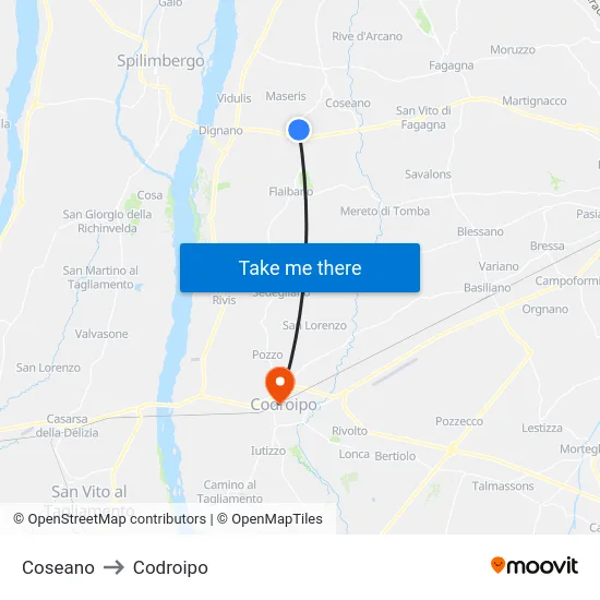 Coseano to Codroipo map