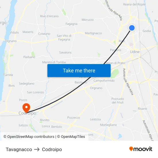 Tavagnacco to Codroipo map