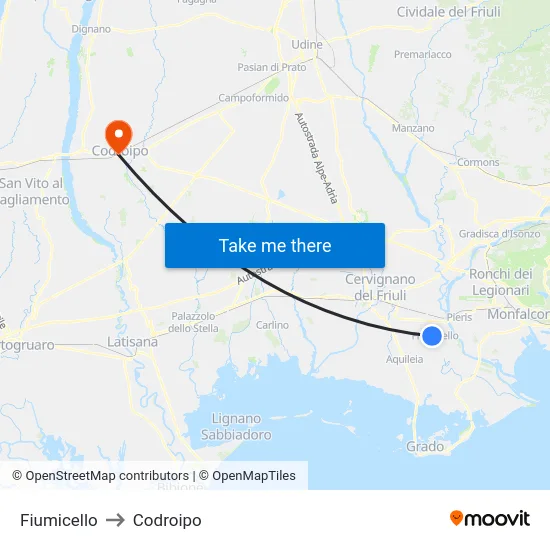 Fiumicello to Codroipo map
