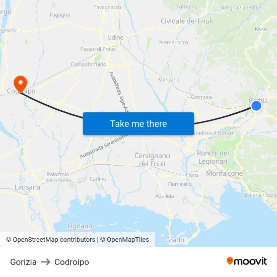 Gorizia to Codroipo map