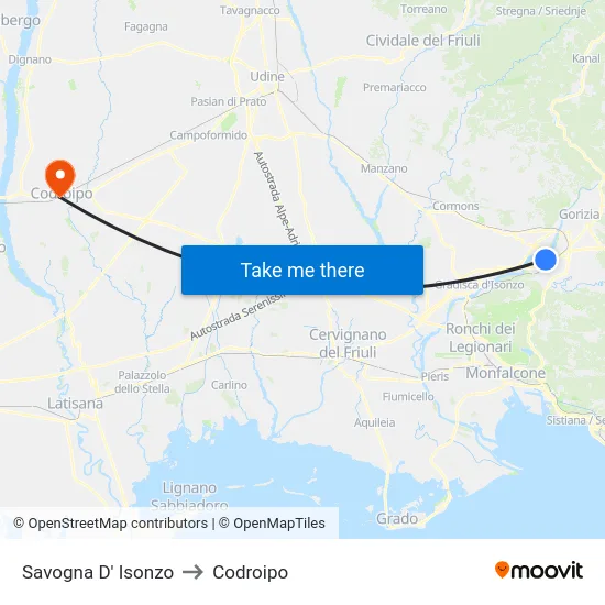 Savogna D' Isonzo to Codroipo map