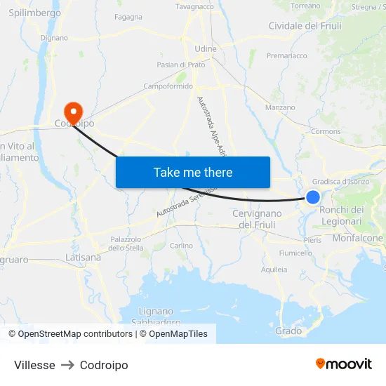 Villesse to Codroipo map
