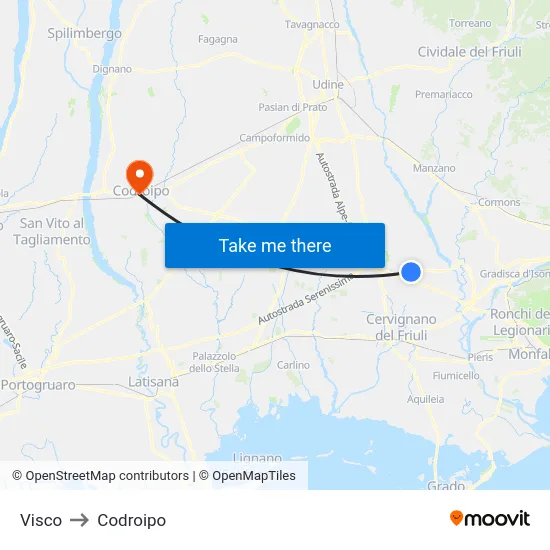 Visco to Codroipo map