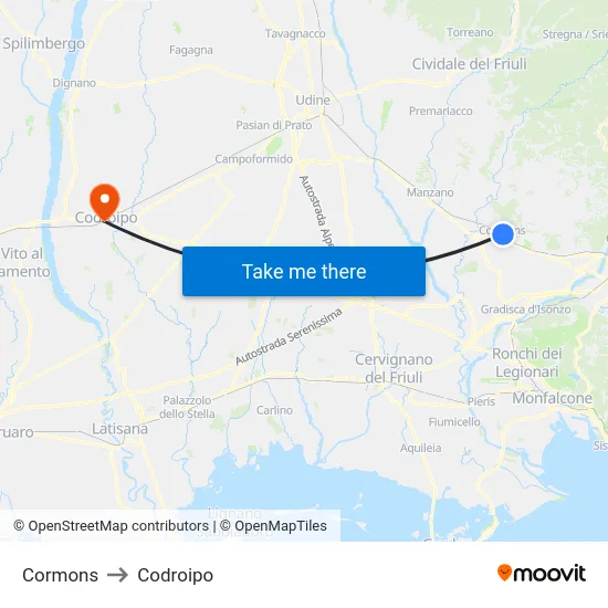 Cormons to Codroipo map