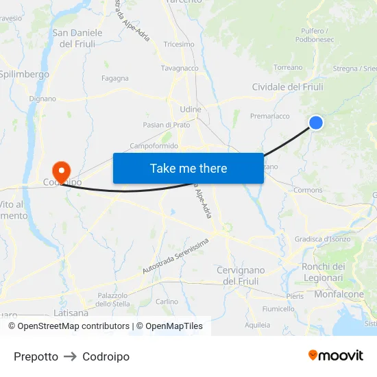 Prepotto to Codroipo map