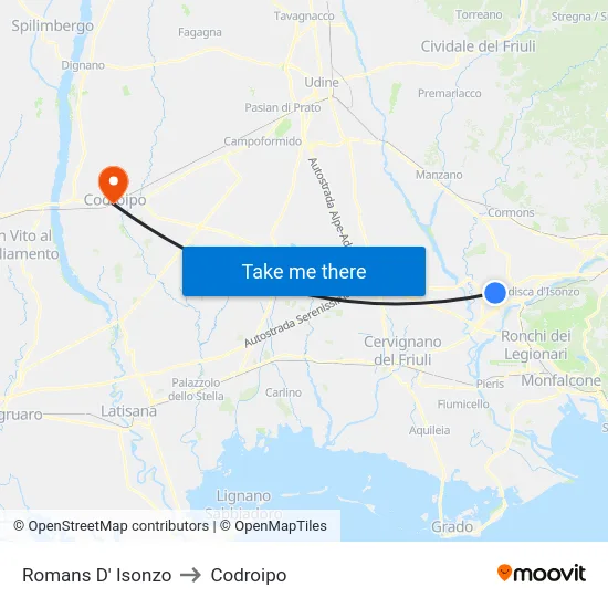 Romans D' Isonzo to Codroipo map