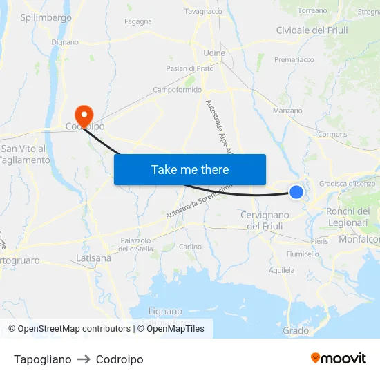 Tapogliano to Codroipo map