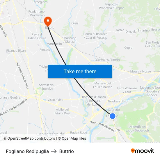 Fogliano Redipuglia to Buttrio map