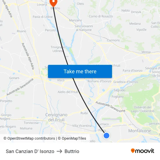 San Canzian d'Isonzo to Buttrio map